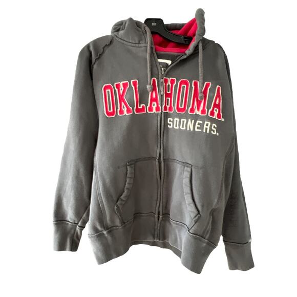 Oklahoma Sooners Hoodie Sweatshirt Embroidered Spellout Distressed Small Gray - Picture 2 of 9